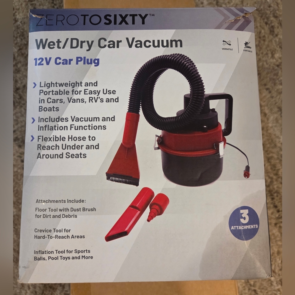Zero to Sixty Wet/Dry Car Vacuum - Red and Black NWOT